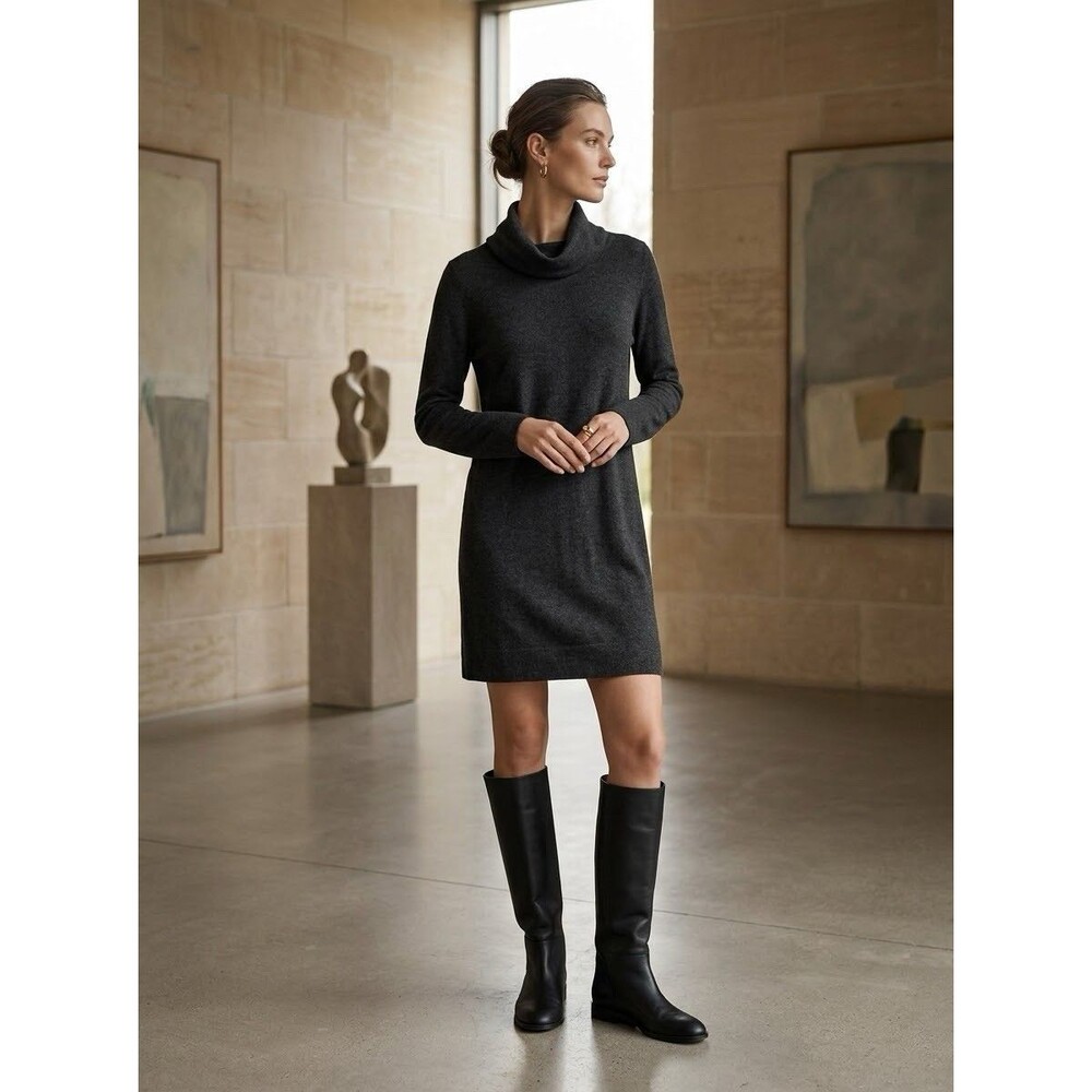 REPEAT 100% Merino Wool Charcoal Gray Cowl Neck Tunic Sweater Dress Small 38